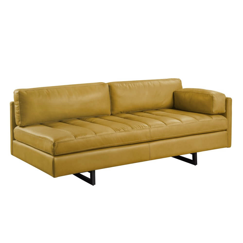 74" Mustard Top Grain Leather Sofa With Black Legs featuring a modern design and plush seating.