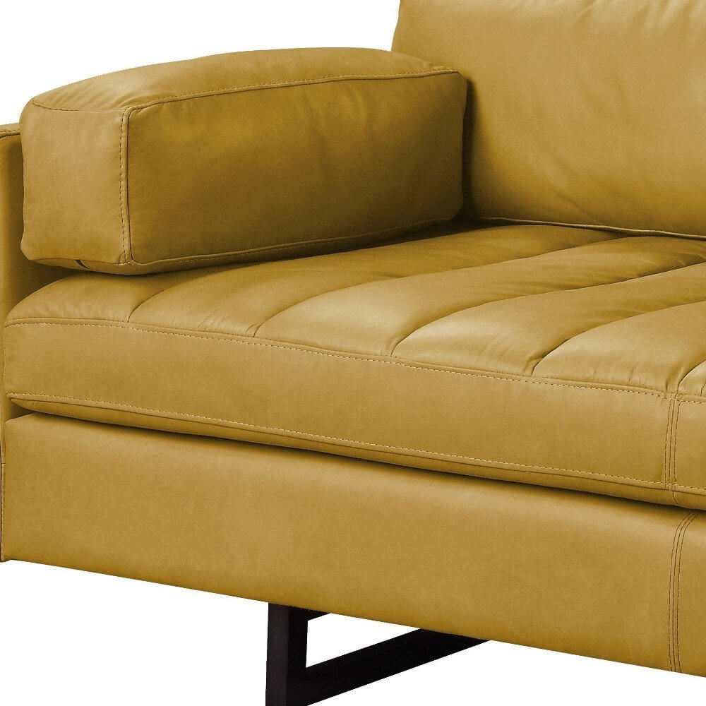 74" Mustard Top Grain Leather Sofa With Black Legs close-up detail of cushion and sleek design