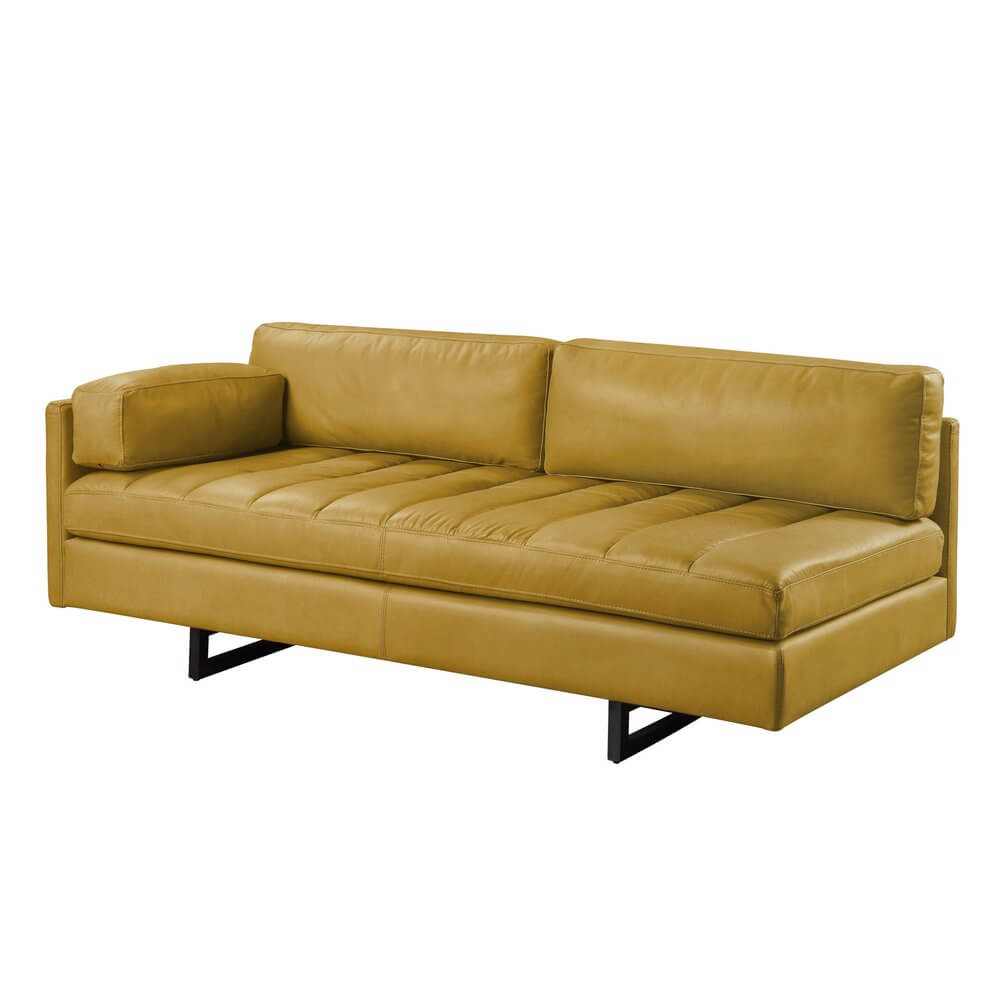 74" Mustard Top Grain Leather Sofa With Black Legs in a modern living room setting.