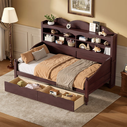 Lyndon Espresso Wood Twin Daybed – 79.3" Storage Daybed with 2 Drawers & Headboard Shelves