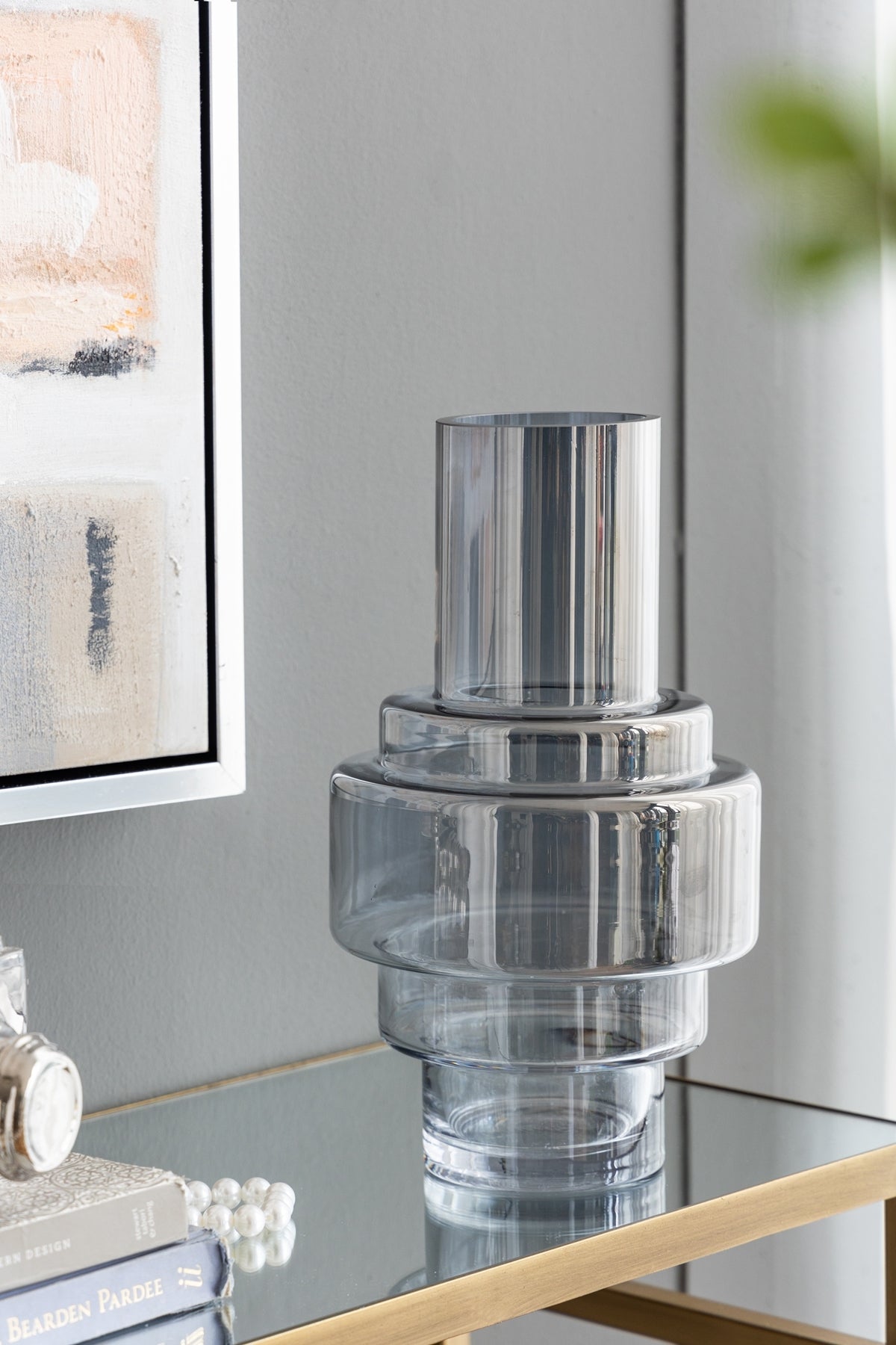 D7.7x13.8'H Geometric Design Smoke Luster Blue and Clear Accent Vase