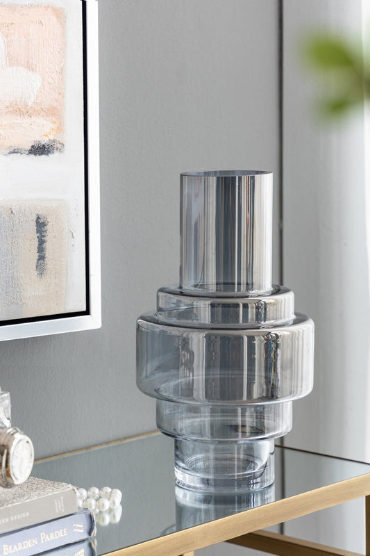 D7.7x13.8'H Geometric Design Smoke Luster Blue and Clear Accent Vase