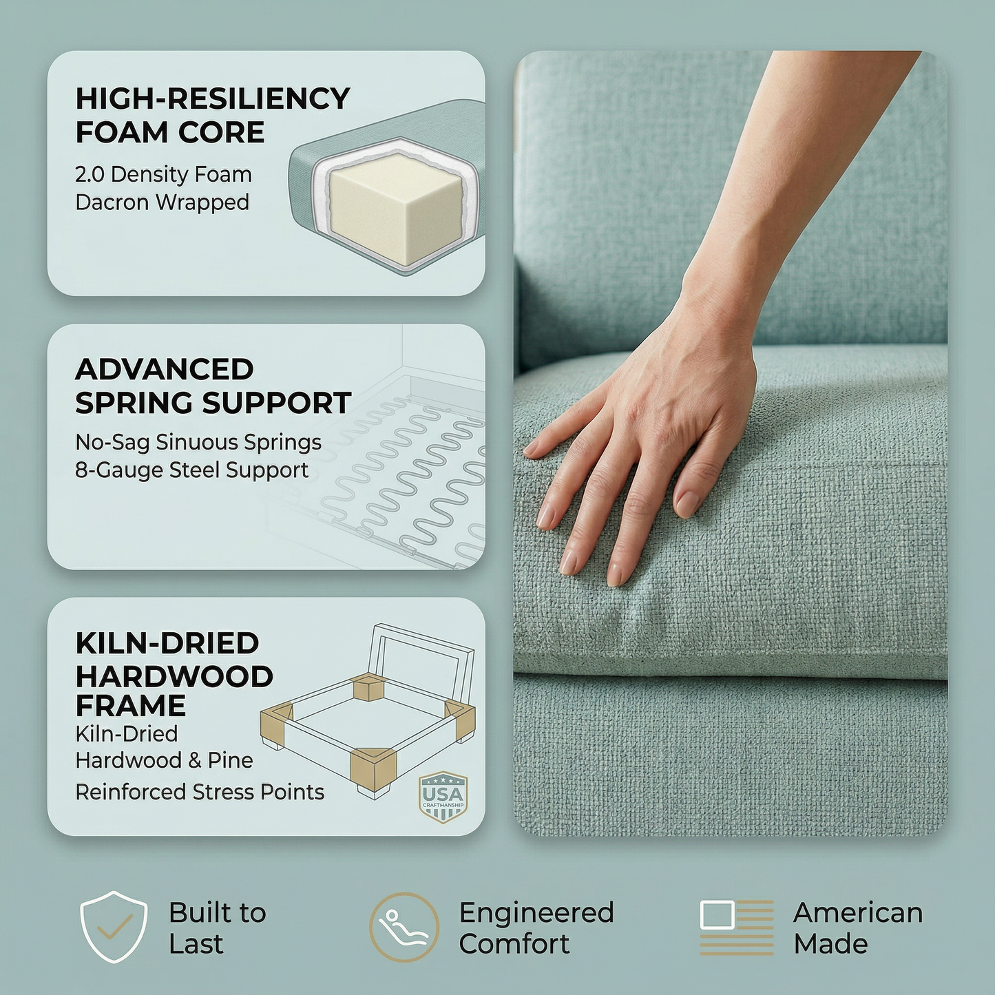 Modena Sofa 92" – Made in USA Square-Arm Sofa (7 Fabrics) - Leslie Robins Egg - Fabric (13)