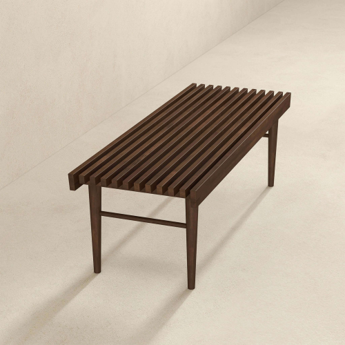 Mia Solid Teak Wood Bench – 47” Slatted Walnut Bench (Mid-Century Modern Accent Seating) with slatted design.