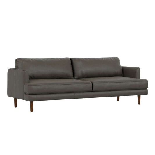 76" Black Leather Sofa With Brown Legs featuring sleek lines and comfortable cushions.