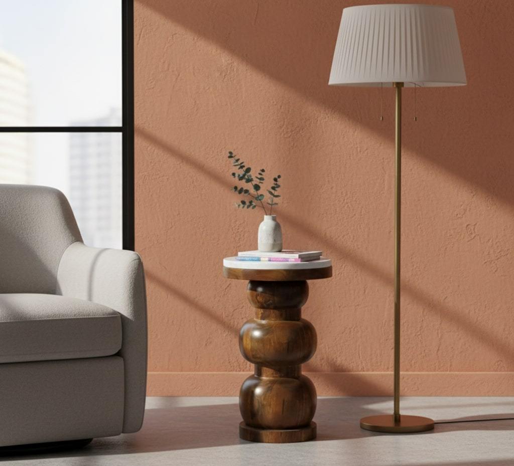 Bulla Mango Wood & Marble Side Table – 10.6" Round Amber Oak Accent Table