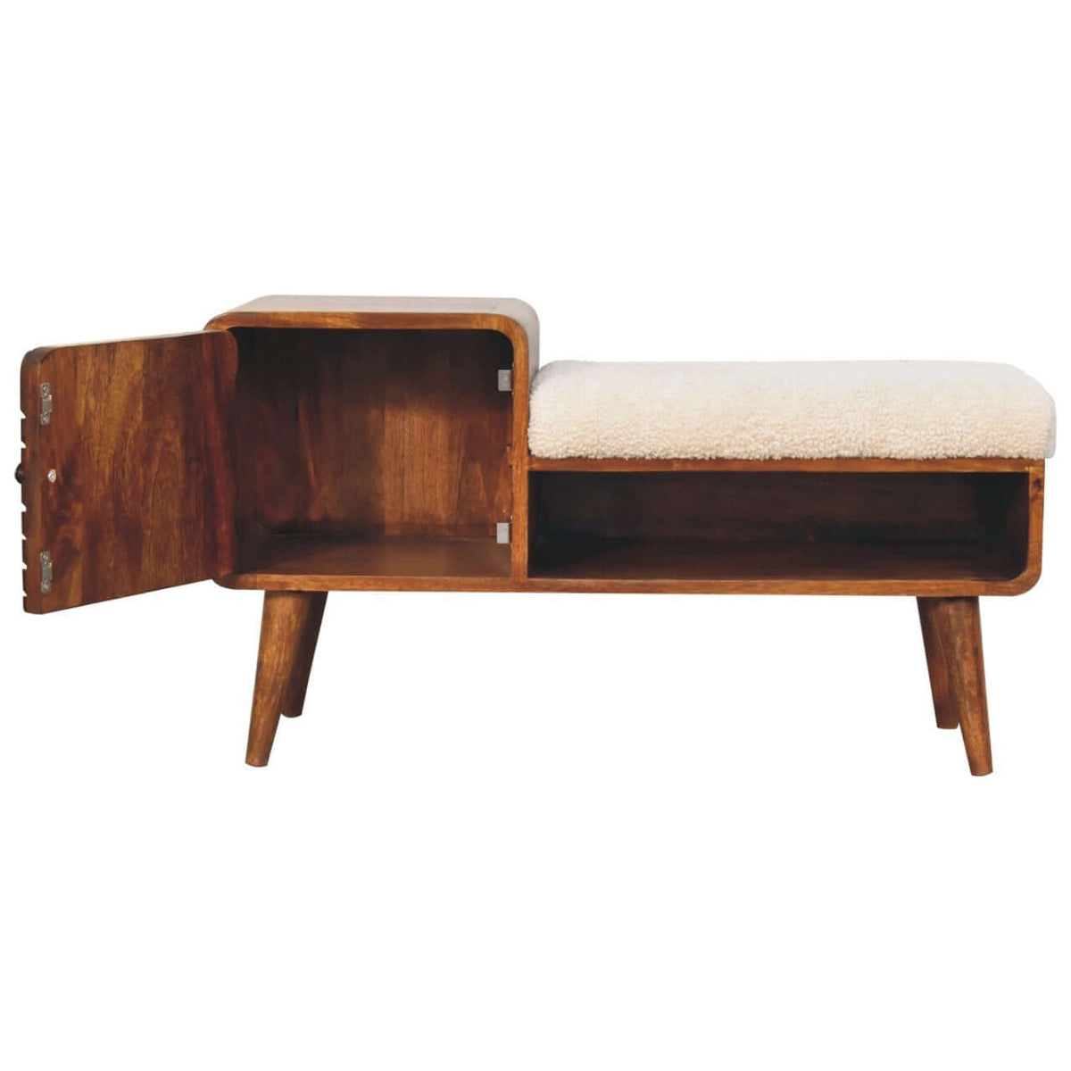 Artisan Solid Mango Wood Boucle Padded Storage Bench 35'