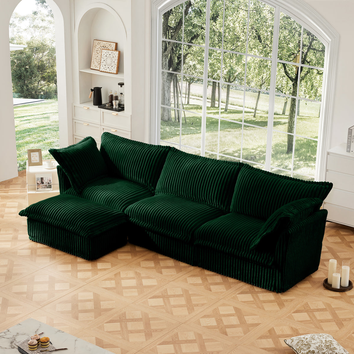 L-Shaped Slipcovered Sectional Sofa Couch, Comfy Deep Seat Cloud Couch with Convertible Ottoman & 2 Big Pillows