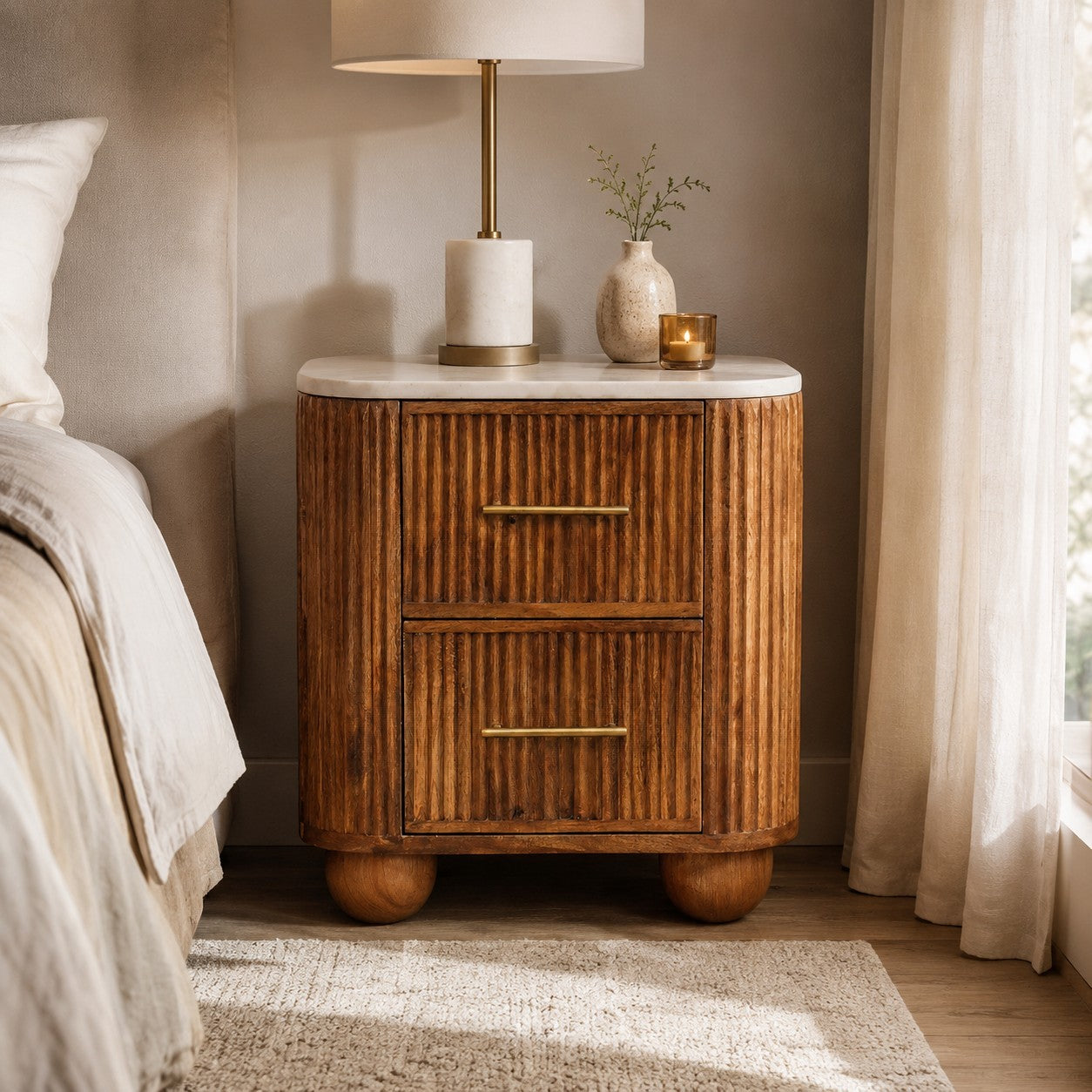 Marble Crest Amber Oak Mango Wood Nightstand – 18" Marble-Top 2-Drawer Nightstand