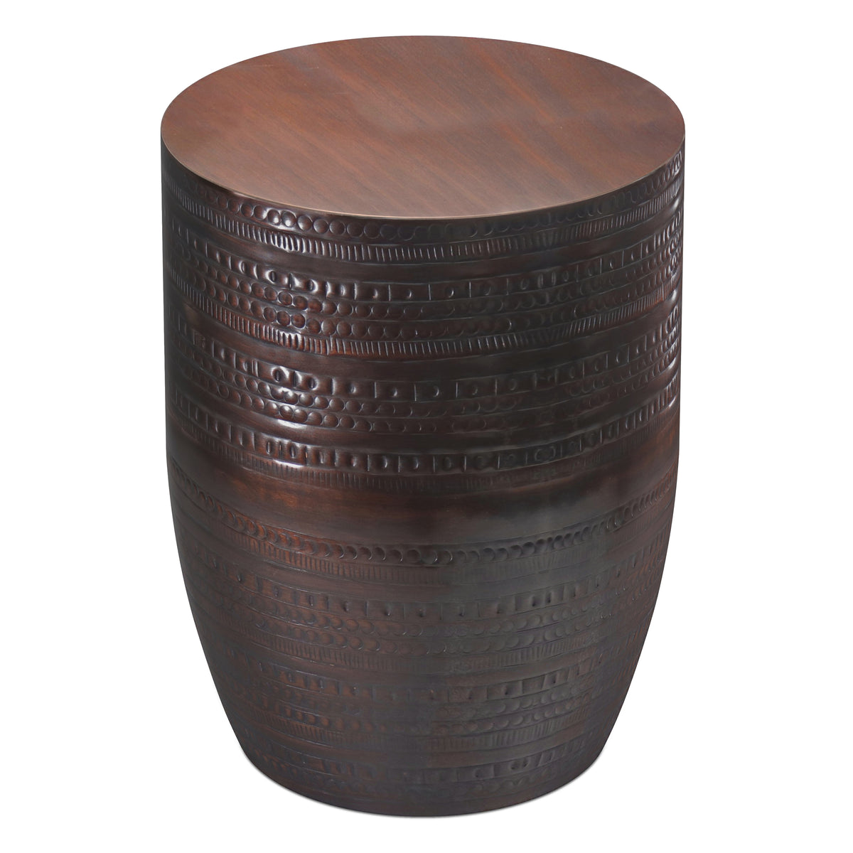 Johnsen 15 inch Wide Tribal Pattern Metal Accent Table in Oil Rubbed Bronze with Distinctive Textured Detail and Drum Shape Design