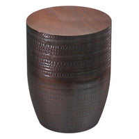 Johnsen 15 inch Wide Tribal Pattern Metal Accent Table in Oil Rubbed Bronze with Distinctive Textured Detail and Drum Shape