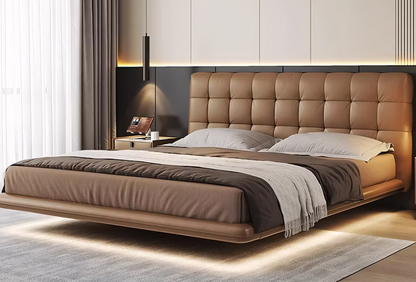 Jarrow Brown Leather Platform Bed – 67" LED-Lit Slatted Platform Bed
