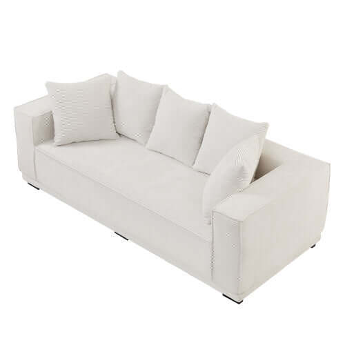 MCM Box Arm Corduroy Upholstered Sofa 89" in white with plush pillows, showcasing mid-century design and cozy comfort.