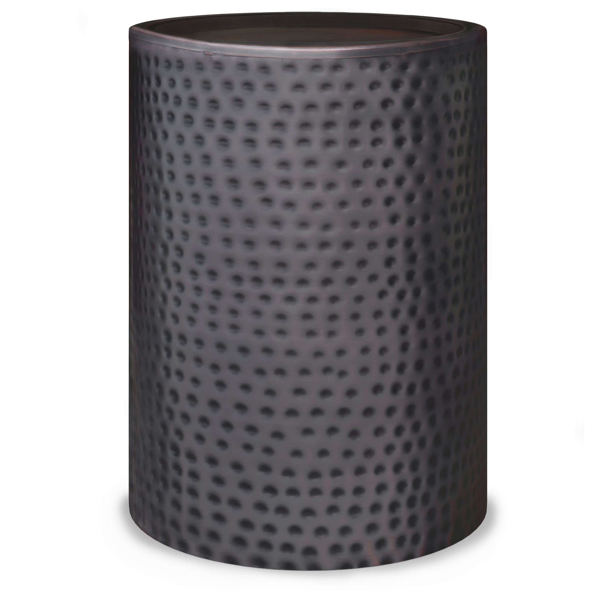 Corbin Hammered Antique Metal Cylindrical Side Table in rich antique copper finish, showcasing a hand-hammered texture.