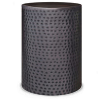 Corbin Hammered Antique Metal Cylindrical Side Table in rich antique copper finish, showcasing a hand-hammered texture.