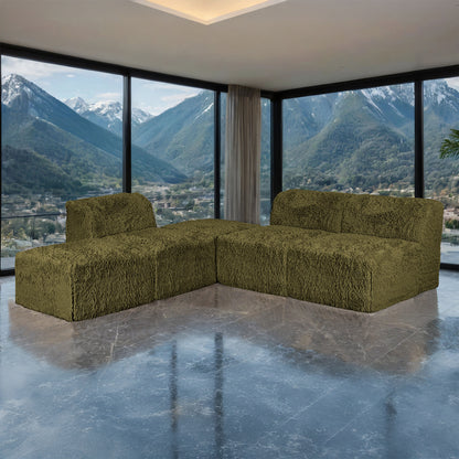 Kellan Faux Fur Modular Sofa – 81" Olive Green Sectional, 3 Chairs + 2 Ottomans