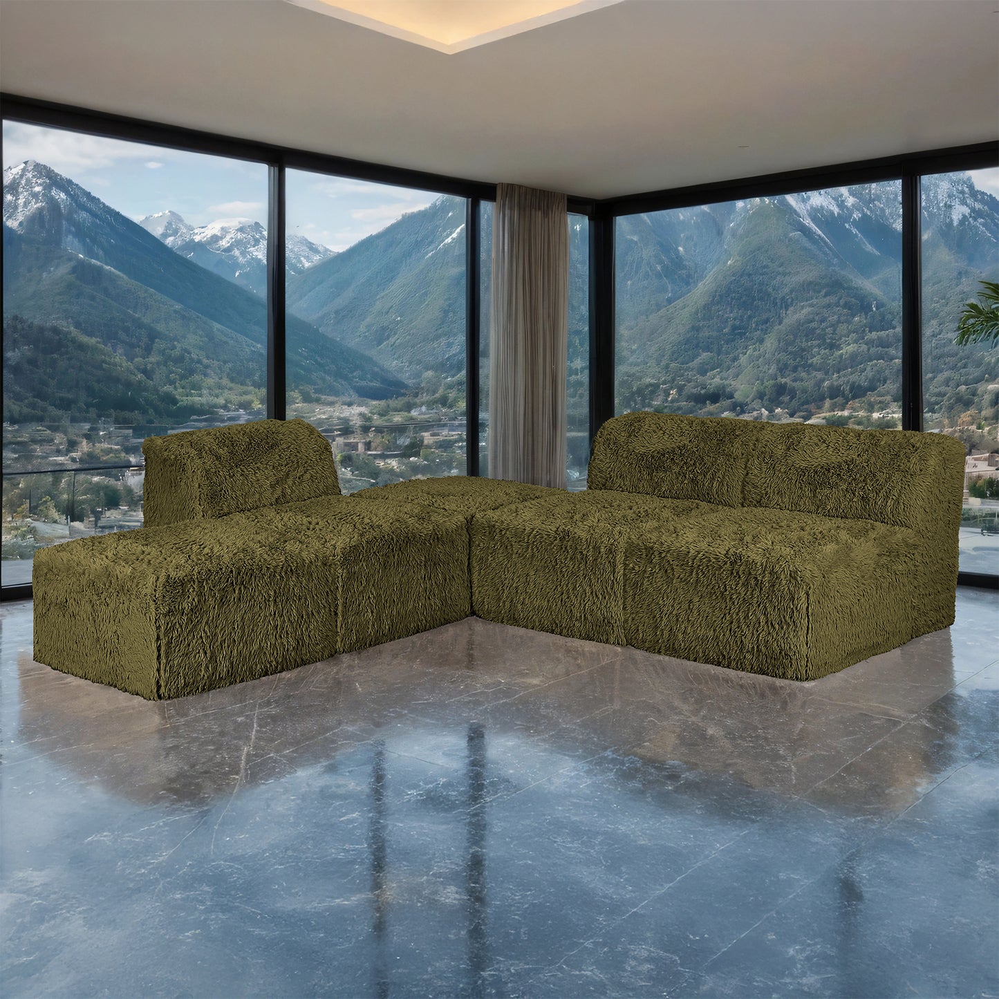 Kellan Faux Fur Modular Sofa – 81" Olive Green Sectional, 3 Chairs + 2 Ottomans