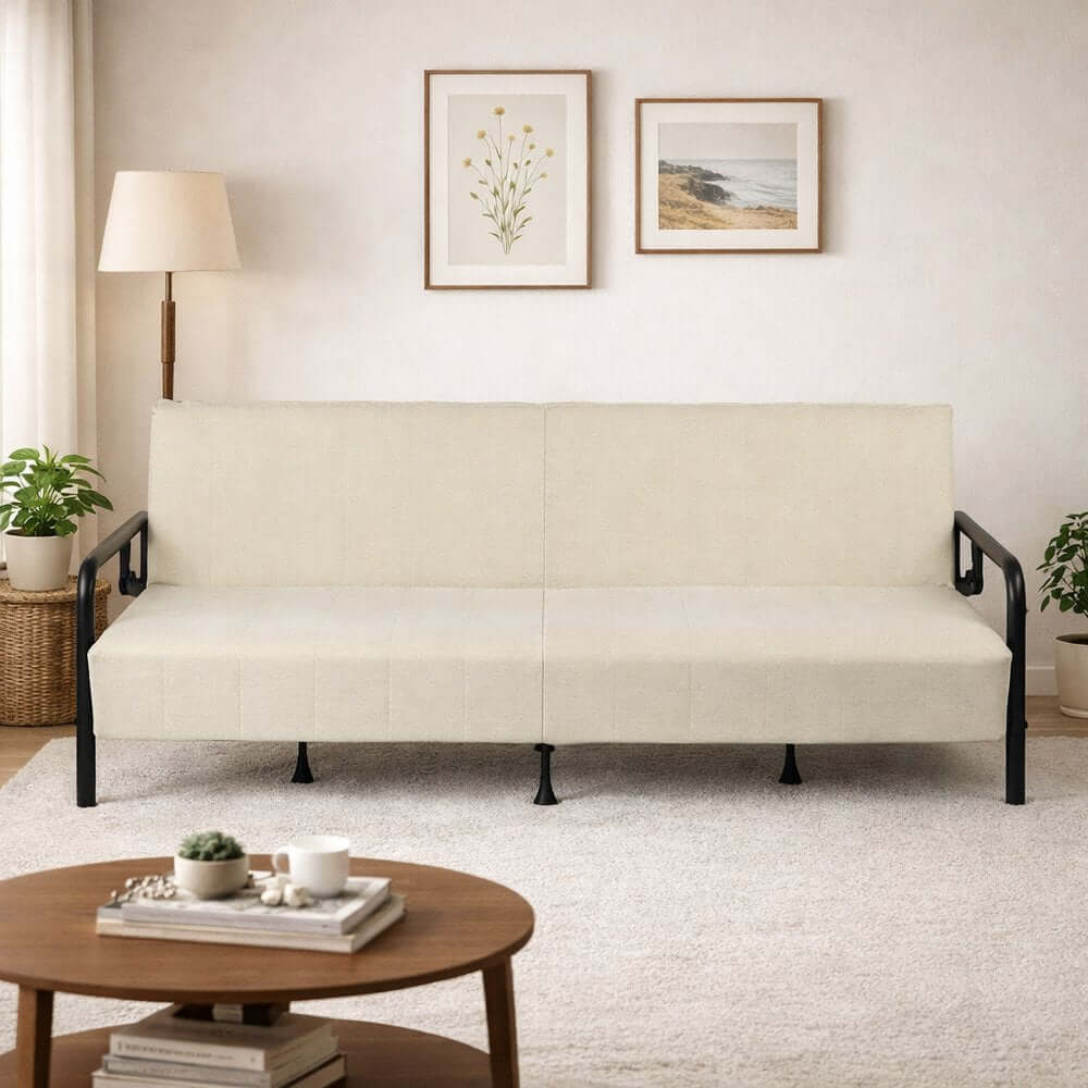 79" Beige Fabric Convertible Futon Steel Sleeper Reclining Sofa in a stylish living room setting.