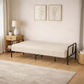 79" Beige Fabric Convertible Futon Steel Sleeper Reclining Sofa in a modern living room setting.