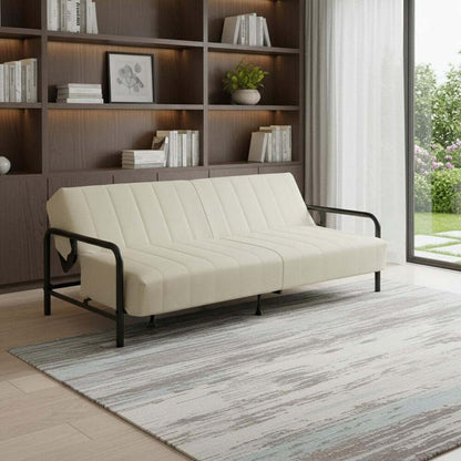 79" Beige Fabric Convertible Futon Steel Sleeper Reclining Sofa in a modern living room with a bookcase.