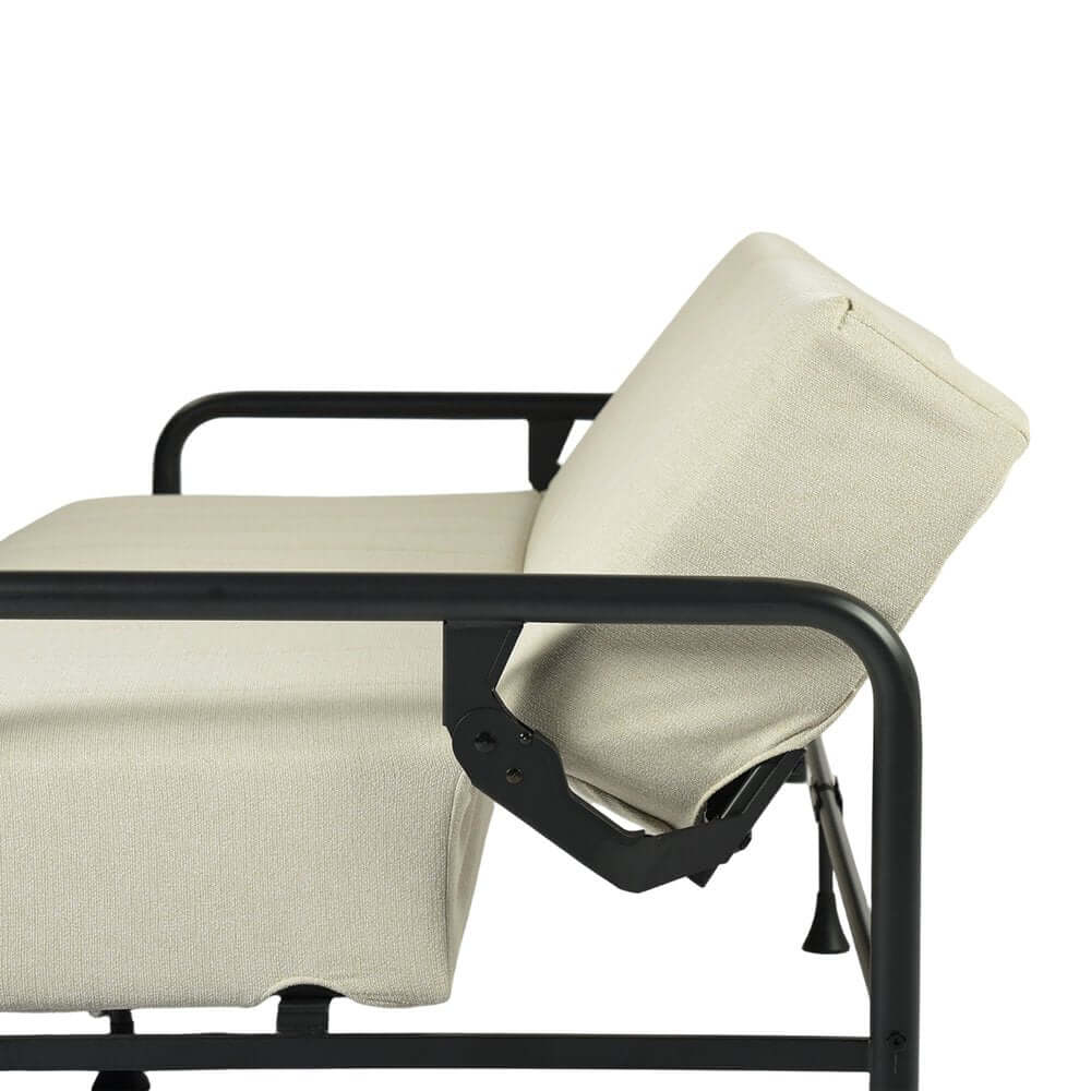 79" Beige Fabric Convertible Futon Steel Sleeper Reclining Sofa side view with adjustable backrest and black metal frame