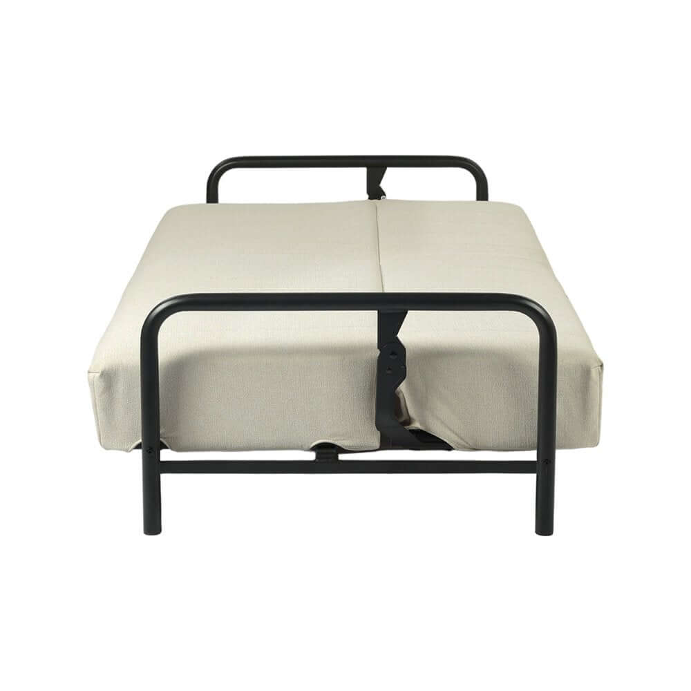 79" Beige Fabric Convertible Futon Steel Sleeper Reclining Sofa in a folded position with black metal frame.