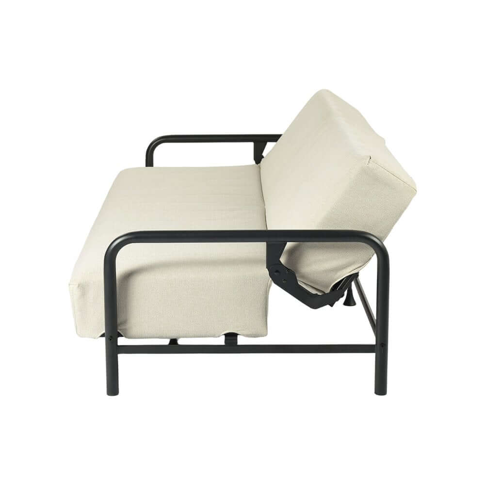 79" Beige Fabric Convertible Futon Steel Sleeper Reclining Sofa in a side view showcasing its sleek black metal frame.