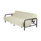79" Beige Fabric Convertible Futon Steel Sleeper Reclining Sofa in a minimalist design with black metal legs.