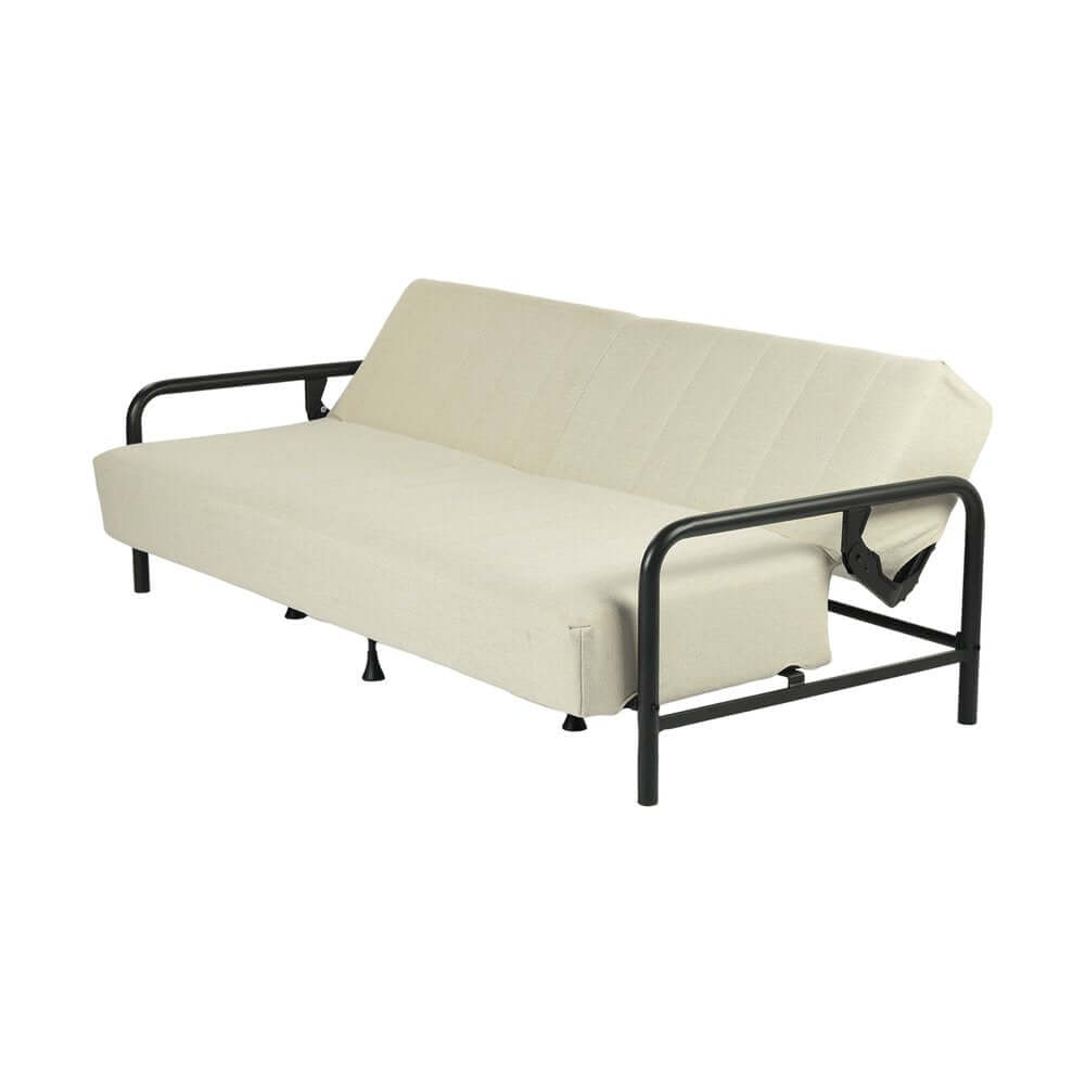 79" Beige Fabric Convertible Futon Steel Sleeper Reclining Sofa in a minimalist design with black metal legs.