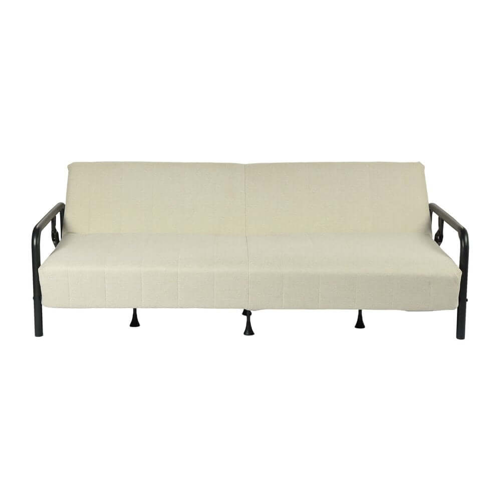 79" Beige Fabric Convertible Futon Steel Sleeper Reclining Sofa with black metal legs and fixed arms.