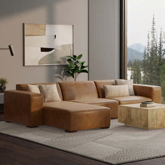 Rex Top-Grain Leather Left-Facing Chaise Sofa Sectional in Caramel Brown, modern living room setting.