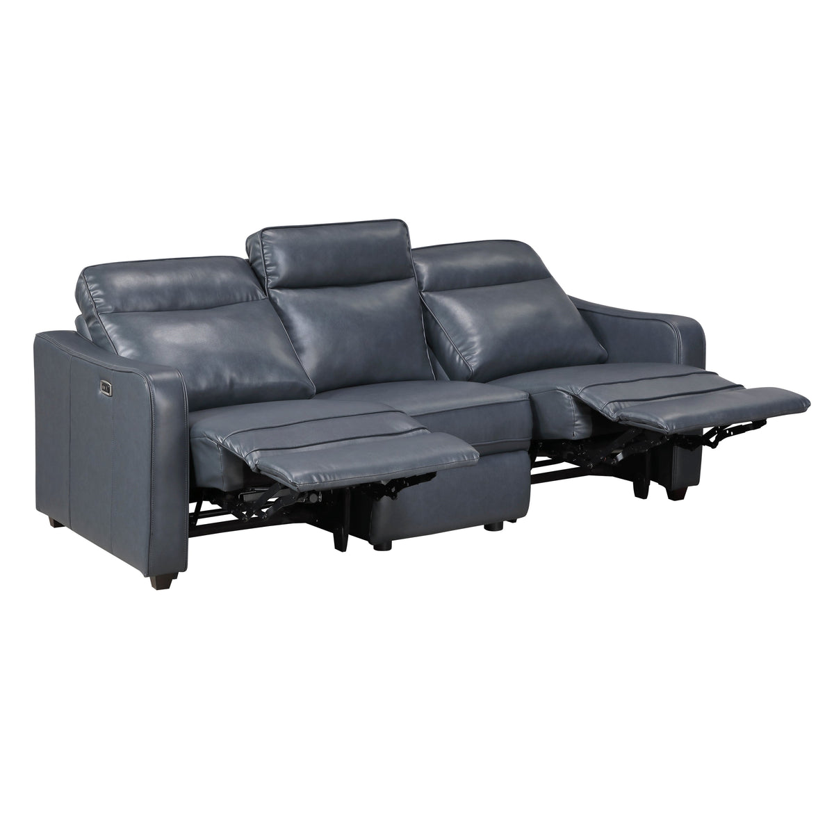 Haddon power reclining sofa and loveseat set in navy faux leather