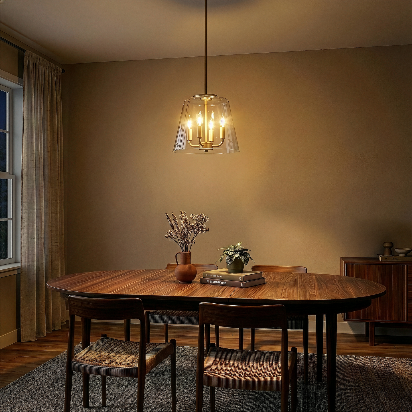 Soiree Satin Brass Four-Light Pendant – 13" Clear Glass Candle Pendant Light