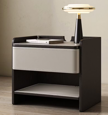 Wren Saddle Leather Nightstand – One-Drawer Bedside Table with Open Shelf