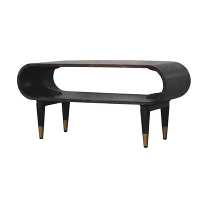 Zelda Velvet Mocha Mango Wood Media Console – 35.4" Curved Edge TV Stand with Brass Accents