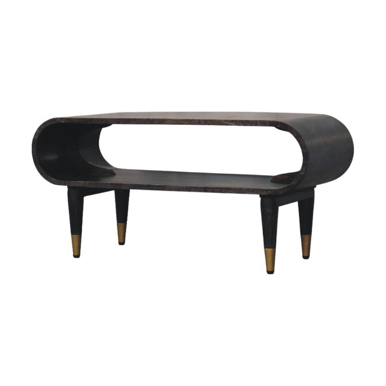 Zelda Velvet Mocha Mango Wood Media Console – 35.4" Curved Edge TV Stand with Brass Accents
