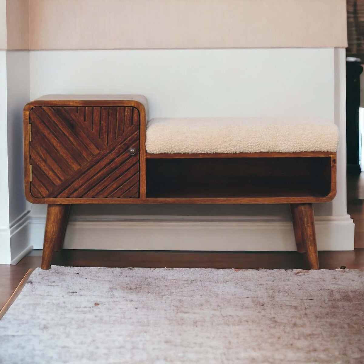 Artisan Solid Mango Wood Boucle Padded Storage Bench 35'