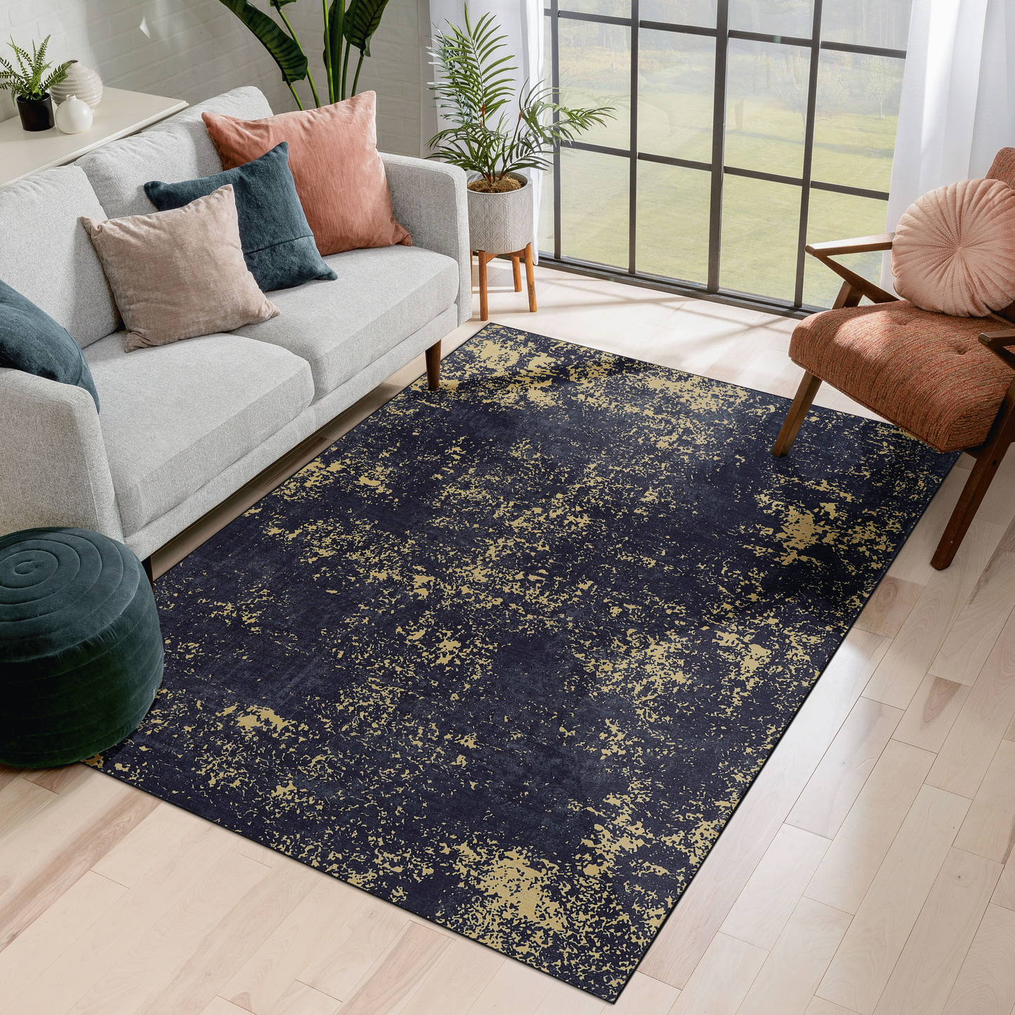 Maval Black & Gold Polyester Area Rug – 96" Area Rug