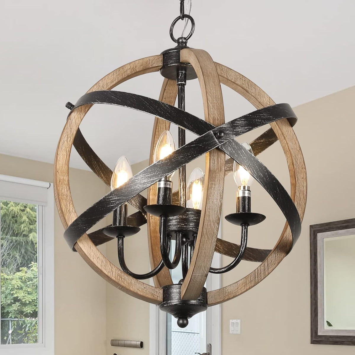 Farmhouse Chandelier, 4-Light Dining Room Fixture, Height Adjustable Rustic Wood Ceiling Light for Kitchen, Living Room, Hallway, Bedroom, Foyer