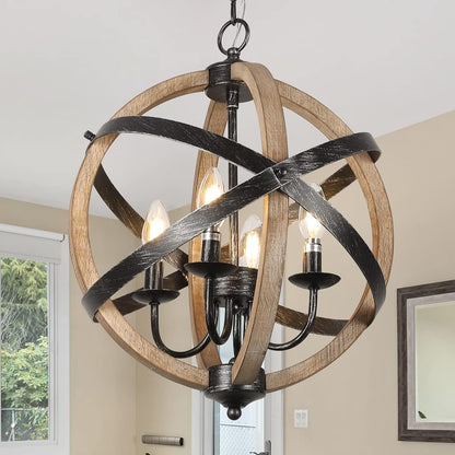 Farmhouse Chandelier, 4-Light Dining Room Fixture, Height Adjustable Rustic Wood Ceiling Light for Kitchen, Living Room, Hallway, Bedroom, Foyer