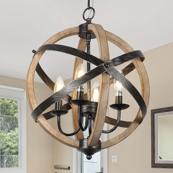 Farmhouse Chandelier, 4-Light Dining Room Fixture, Height Adjustable Rustic Wood Ceiling Light for Kitchen, Living Room, Hallway, Bedroom, Foyer
