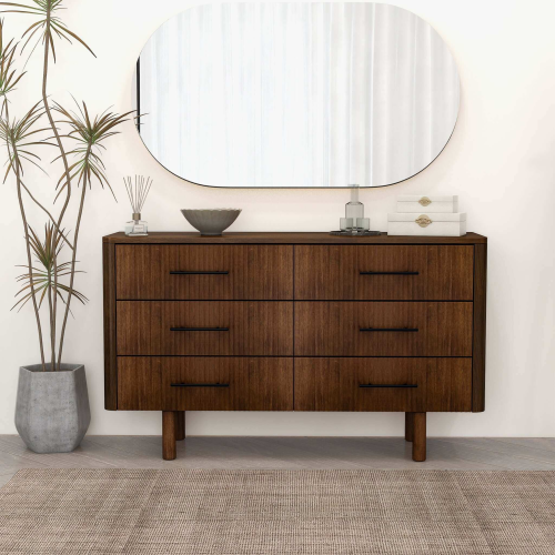 Logan Solid Wood 6-Drawer Dresser – 55” Walnut Bedroom Storage (Mid-Century Modern)