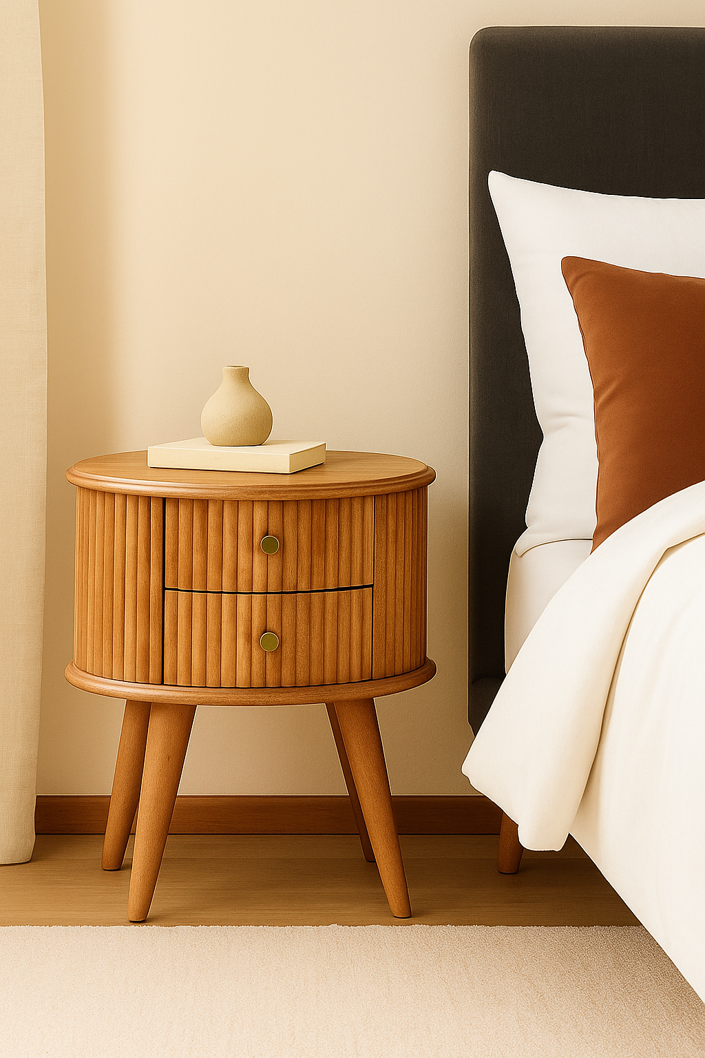 Soba Light Oak Mango Wood Bedside Table – 18.9" 2-Drawer Nightstand with Nordic Legs
