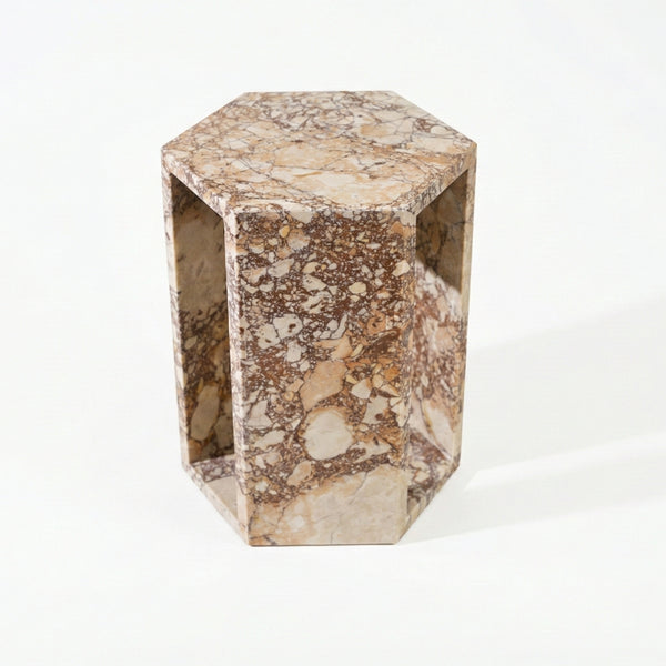 Luxury Natural Pink Marble Hexagon Side Table – Polished Modern Accent Stand in Rose Tea Vein & Small Spaces – 16cm x 40cm