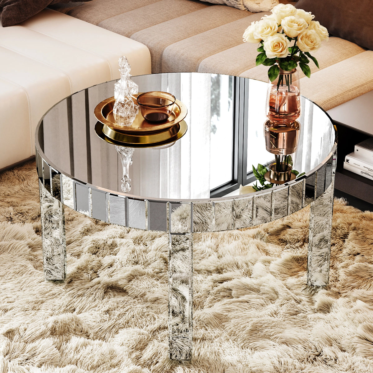 Dazzling Sliver Round Coffee Table with Fluted Mirror Design Luxury Sofa Center Table
