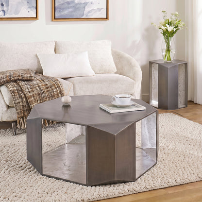 Nerissa Antique Silver Aluminum Coffee Table Set – 2-Piece Geometric Coffee & End Table
