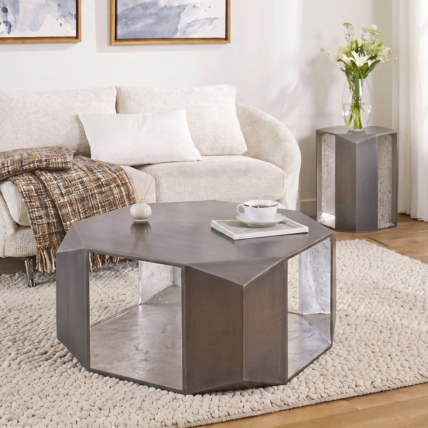 Nerissa Antique Silver Aluminum Coffee Table Set – 2-Piece Geometric Coffee & End Table