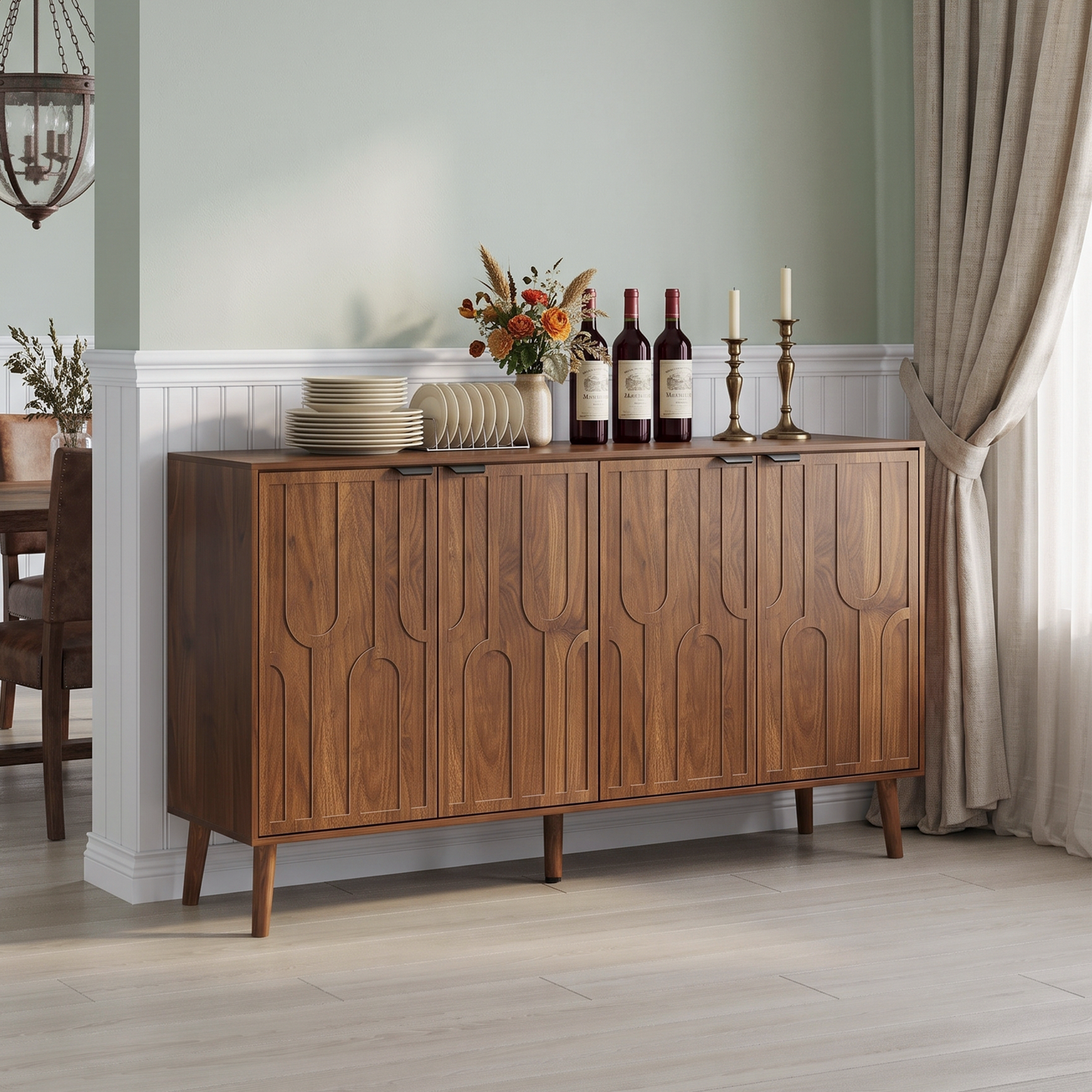 Caspian Walnut Mid-Century Sideboard – 55" 4-Door Buffet Cabinet with Adjustable Shelves