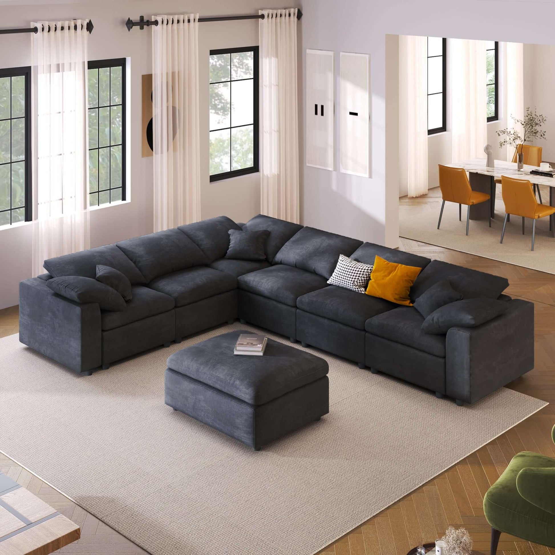 Modern Low Profile Modular U-Shaped Sectional Sofa with Ottoman in Gray or Beige 129" - Revel Sofa 
