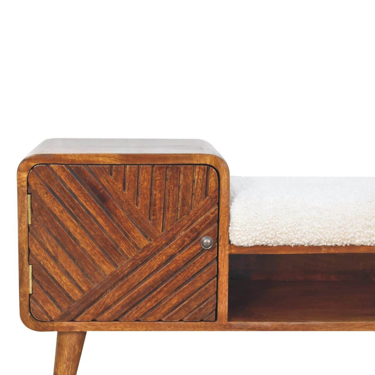 Artisan Solid Mango Wood Boucle Padded Storage Bench 35'